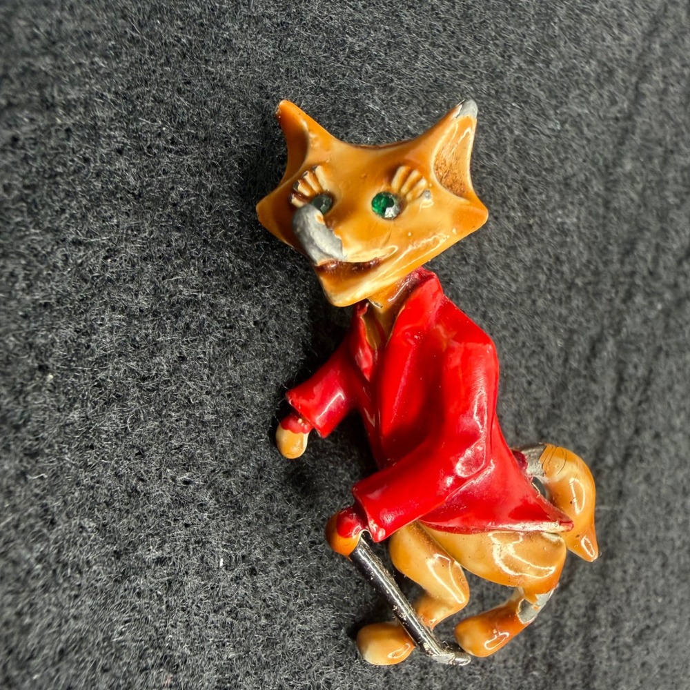 VTG JJ Jonette Fox Enamel Brooch Red Green Rhinestone Eyes Pin Anthropomorphic - Picture 4 of 8
